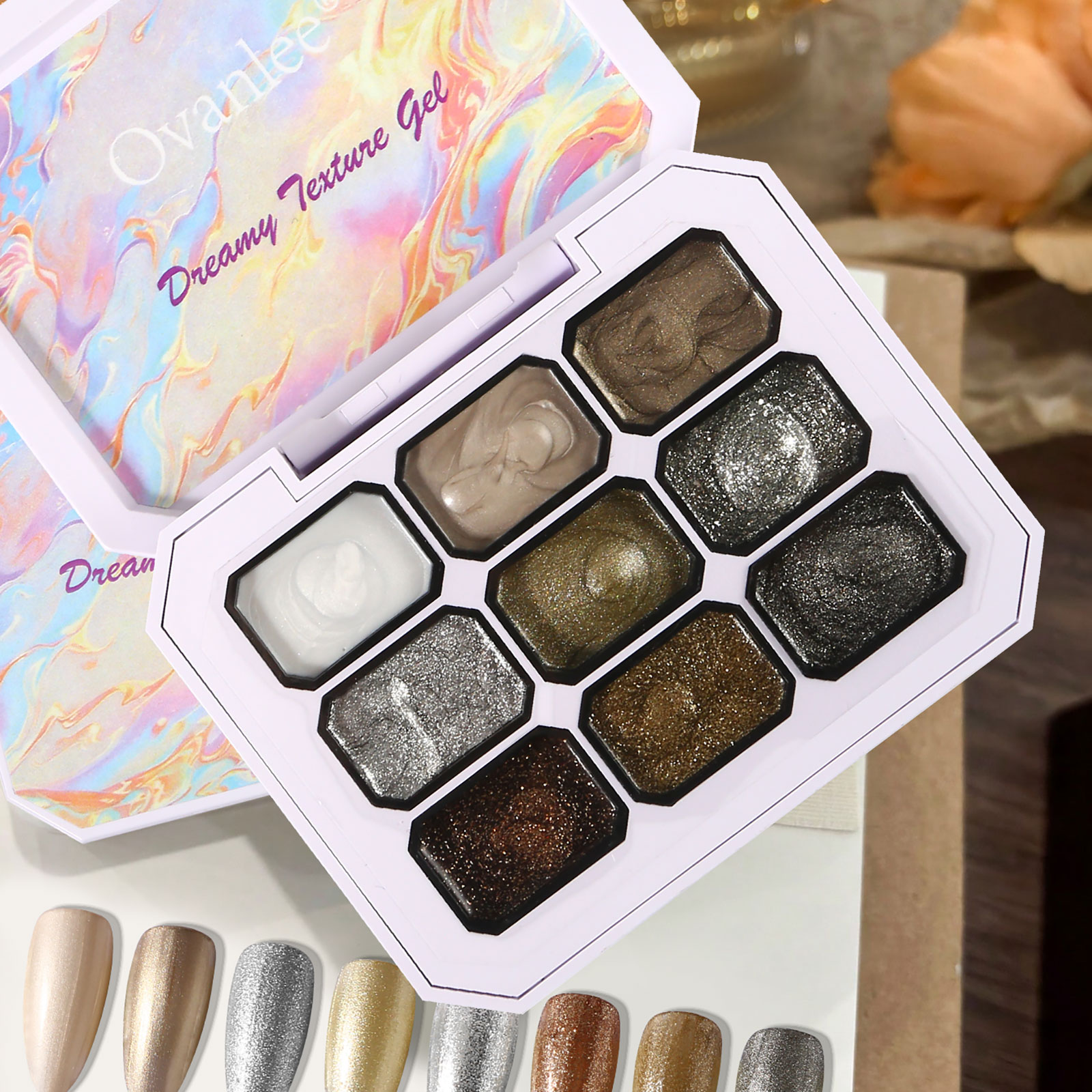 Photography Design - オヴァンリー 9色入り ソリッドジェルネイルパレット – 夢のような質感のメタリックシマーポリッシュ、精密なペイント、大理石アート、そして長持ちする輝きを実現する、流れにくいクリーミーなUVジェル。