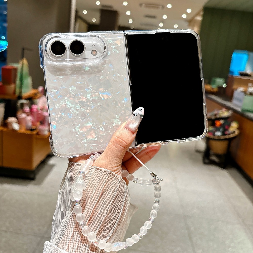 Camera Wrist Strap - iPhone Duo用、虹色の貝殻模様のハードケース。折りたたみ式の花柄ビーズ付きリストストラップ、大型カメラ用カットアウト、保護カバー。