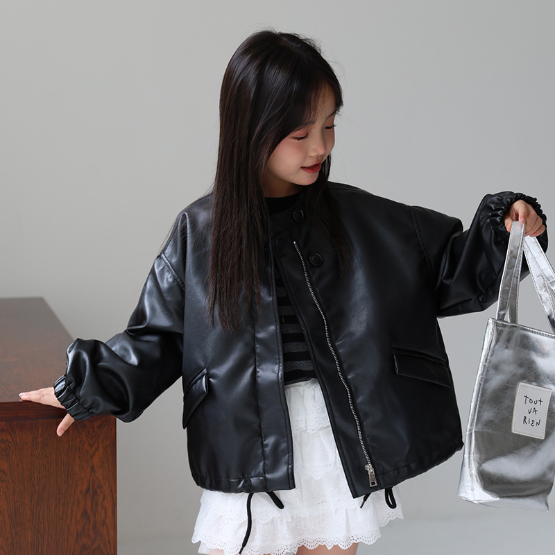 Photography Design - 2-12Y 女の子甘い黒ピンクロックオートバイ Pu レザージャケット子供防水防風コート子供ストリート写真撮影着用